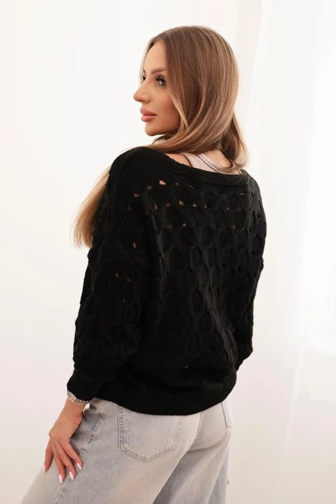 Sweter czarny damski z dekoltem V i złotymi guzikami, ażurowy splot – Italy Moda Sweter czarny damski z dekoltem V i złotymi guzikami, ażurowy splot – Italy Moda