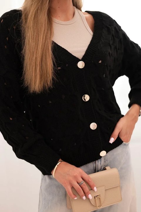 Sweter czarny damski z dekoltem V i złotymi guzikami, ażurowy splot – Italy Moda Sweter czarny damski z dekoltem V i złotymi guzikami, ażurowy splot – Italy Moda