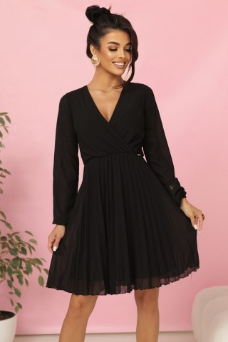 313-17 ISABELLE Polska plisowana sukienka z długim rękawem i dekoltem - CZARNA - XS