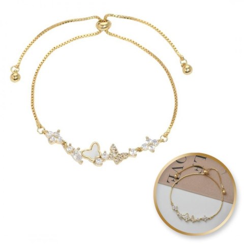 Bransoletka na rękę stal chirurgiczna pozłacana 14k złotem, MOTYLKI cyrkonie BST1530 Bransoletka na rękę stal chirurgiczna pozłacana 14k złotem, MOTYLKI cyrkonie BST1530
