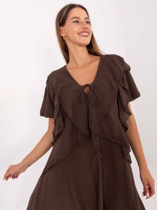 Ciemnobrązowa sukienka boho z falbanami i wiązaniem – Italy Moda