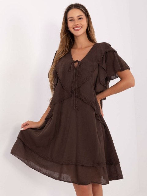 Stylowa sukienka Italy Moda w odcieniu ciemnobrązowym, krótki rękaw i luźny krój Stylowa sukienka Italy Moda w odcieniu ciemnobrązowym, krótki rękaw i luźny krój