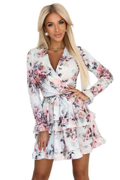 297-3 CAROLINE Zwiewna sukienka w kwiaty z kopertowym dekoltem i falbanami - L