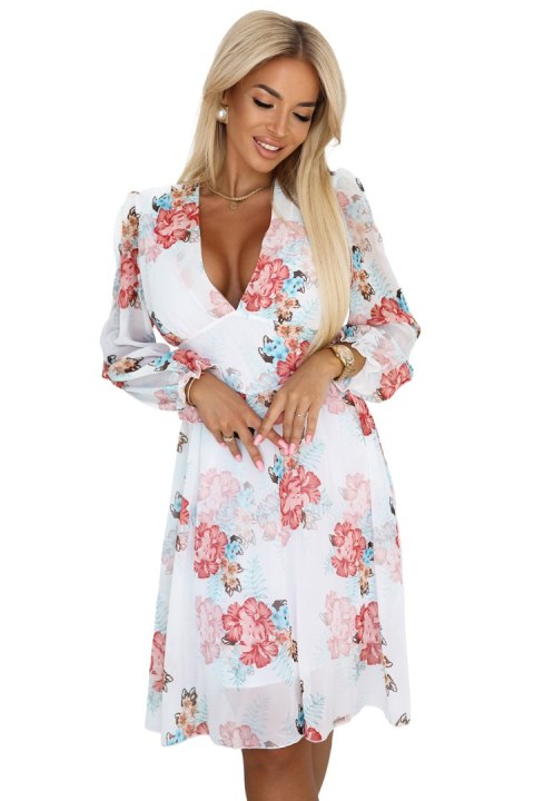 388-3 FRANCES szyfonowa kopertowa sukienka z długim rękawkiem - MALWY - XS