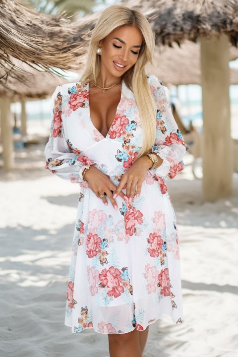 388-3 FRANCES szyfonowa kopertowa sukienka z długim rękawkiem - MALWY - S