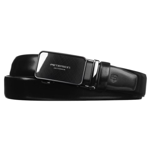 Elegancki pasek męski ze skóry naturalnej w czarnym kolorze z automatyczną, srebrną klamrą - Peterson Elegancki pasek męski ze skóry naturalnej w czarnym kolorze z automatyczną, srebrną klamrą - Peterson