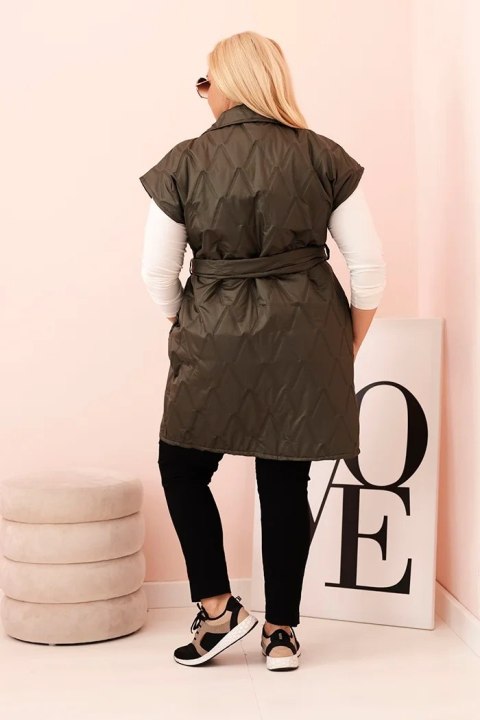 Kamizelka damska Plus Size pikowana z paskiem i kołnierzem khaki Kamizelka damska Plus Size pikowana z paskiem i kołnierzem khaki