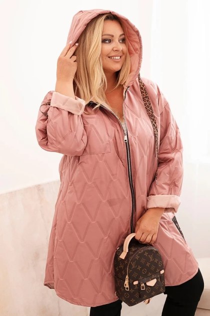 Kurtka damska Plus Size pikowana z kapturem i napisem HOPE ciemno różowa