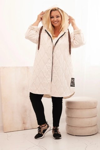 Kurtka damska Plus Size HOPE z kapturem, pikowana, jasno beżowa, oversize