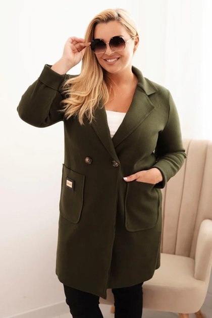 Płaszcz damski elegancki Plus Size khaki z kołnierzem i dużymi kieszeniami – Stylowy Wieszak