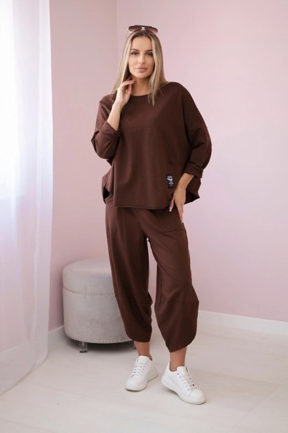 Brązowy bawełniany komplet damski – bluza i spodnie | Włoska produkcja
