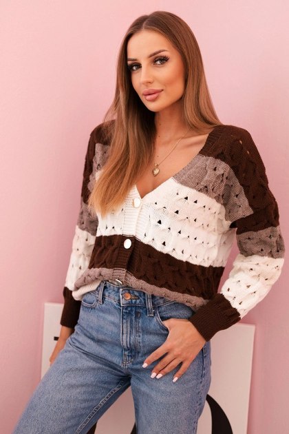 Sweter damski ażurowy w paski z dekoltem V – brązowy i ecru – włoski kardigan S–L