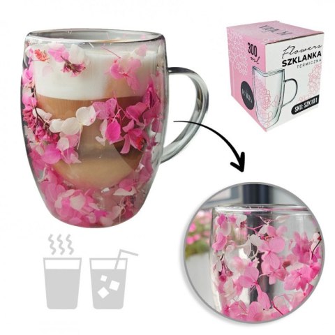 Szklanka termiczna z różowymi kwiatami w ściankach, 300 ml, szkło borokrzemowe Szklanka termiczna z różowymi kwiatami w ściankach, 300 ml, szkło borokrzemowe