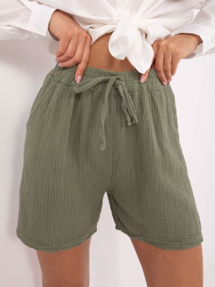 Szorty Damskie z Muślinu Khaki – ITALY MODA, 100% Bawełna, Wysoki Stan