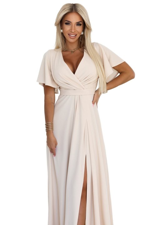 581-6 JENNIFER długa suknia z rozcięciem na nogę, rękawkiem i dekoltem - BEŻOWA - M