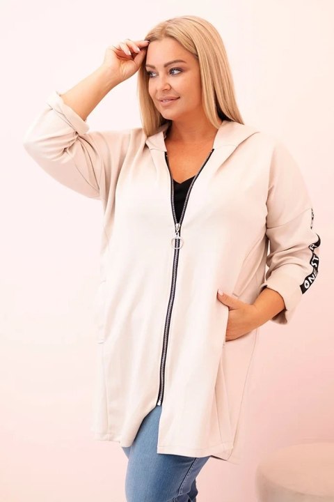 Bluza damska Plus Size beżowa z kapturem i nadrukiem