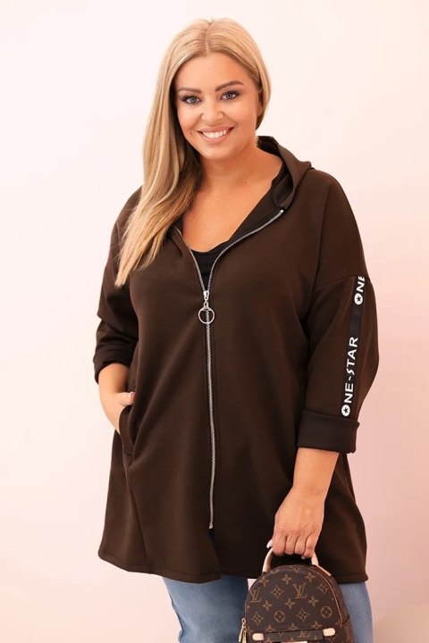 Bluza damska Plus Size z wiskozą rozpinana z kapturem brązowa Bluza damska Plus Size z wiskozą rozpinana z kapturem brązowa