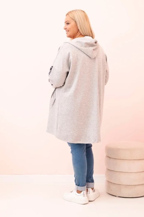 Szara bluza damska Plus Size z kapturem i nadrukiem, rozpinana na suwak – Stylowy Wieszak