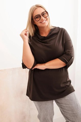 Bluzka Plus Size Brązowa z Bawełną i Dekoltem Wodnym | Stylowy Wieszak