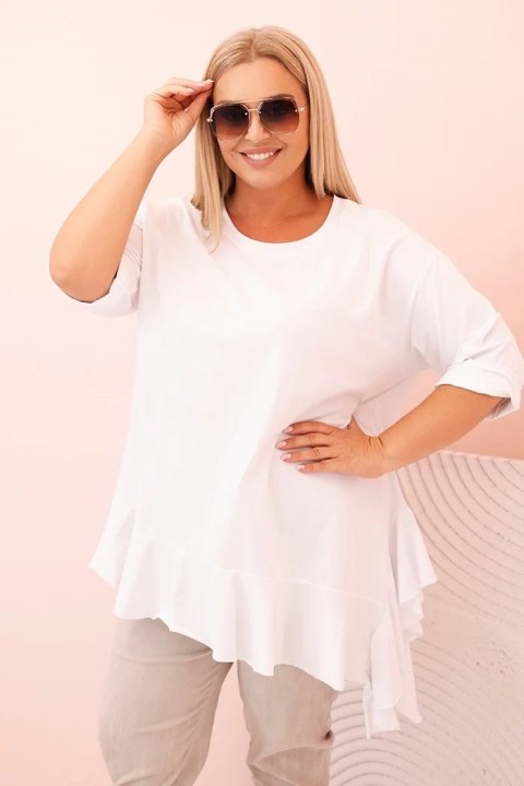 Biała bluzka Plus Size z bawełną i falbaną, rękaw 3/4, asymetryczny krój, rozmiar XL–4XL. Biała bluzka Plus Size z bawełną i falbaną, rękaw 3/4, asymetryczny krój, rozmiar XL–4XL.