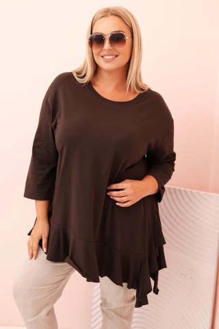 Brązowa Bluzka Plus Size z Bawełną i Falbaną – Rękaw 3/4, Asymetryczna
