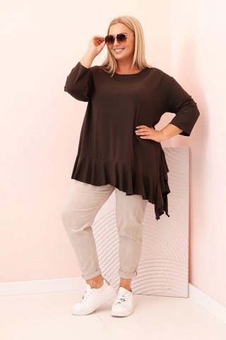 Brązowa Bluzka Plus Size z Bawełną i Falbaną – Rękaw 3/4, Asymetryczna