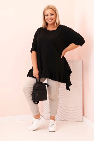 Czarna Bluzka Plus Size z Bawełną i Falbaną – Rękaw 3/4, Asymetryczna