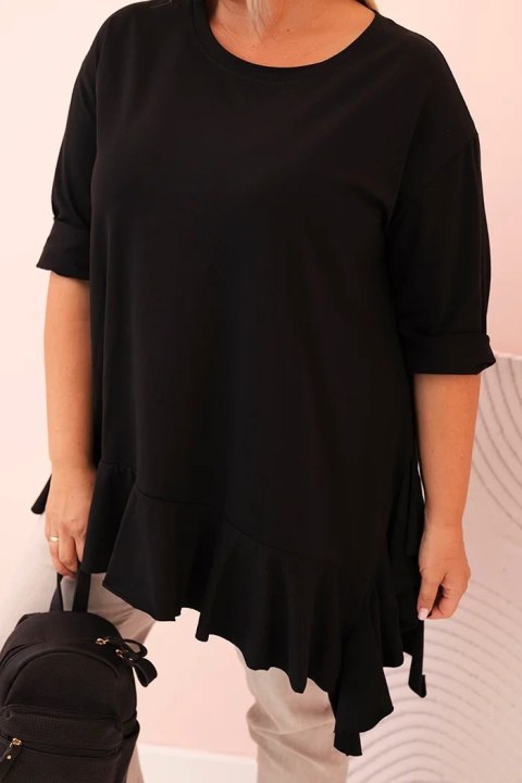 Klasyczna czarna bluzka z falbaną, bawełniana, rękaw 3/4, rozmiar uniwersalny XL–4XL. Klasyczna czarna bluzka z falbaną, bawełniana, rękaw 3/4, rozmiar uniwersalny XL–4XL.