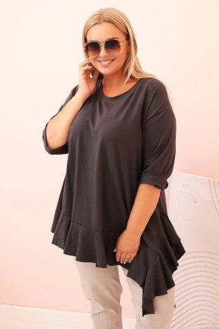 Grafitowa Bluzka Plus Size z Bawełną i Falbaną – Rękaw 3/4, Asymetryczna
