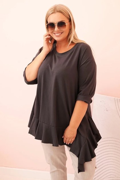 Grafitowa Bluzka Plus Size z Bawełną i Falbaną – Rękaw 3/4, Asymetryczna