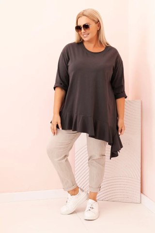 Grafitowa Bluzka Plus Size z Bawełną i Falbaną – Rękaw 3/4, Asymetryczna