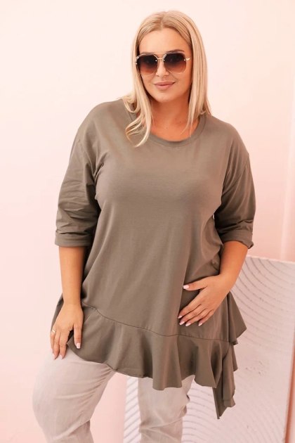 Khaki Bluzka Plus Size z Bawełną i Falbaną – Rękaw 3/4, Asymetryczna
