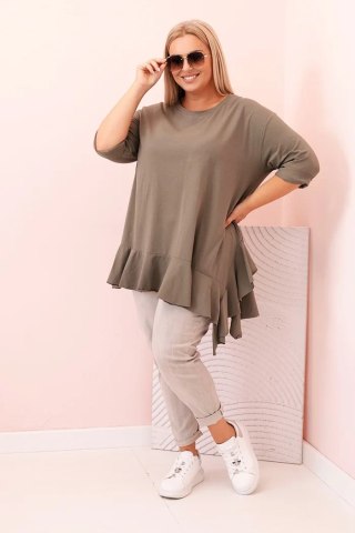 Khaki Bluzka Plus Size z Bawełną i Falbaną – Rękaw 3/4, Asymetryczna