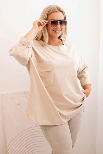 Beżowa Bluzka Plus Size z Bawełną, Kieszenią i Rękawem 3/4 | Stylowy Wieszak