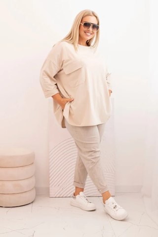 Beżowa Bluzka Plus Size z Bawełną, Kieszenią i Rękawem 3/4 | Stylowy Wieszak