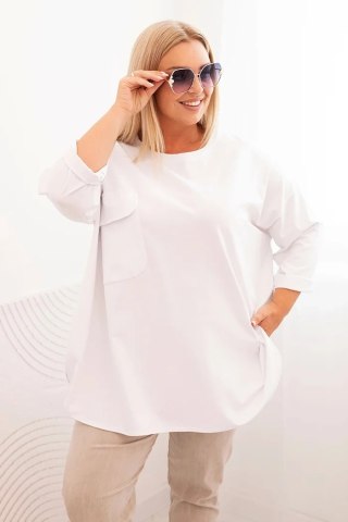 Bluzka Plus Size Biała z Bawełną, Kieszenią i Rękawem 3/4 | Stylowy Wieszak