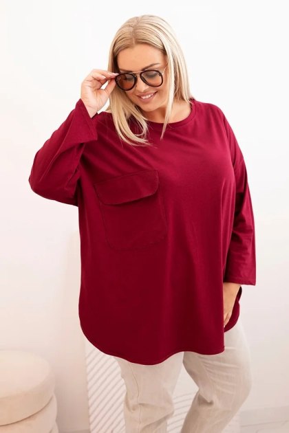 Bluzka Plus Size Bordowa z Bawełną, Kieszenią i Rękawem 3/4 | Stylowy Wieszak