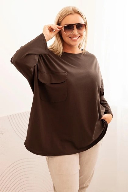 Brązowa Bluzka Plus Size z Bawełną, Kieszenią i Rękawem 3/4 | Stylowy Wieszak