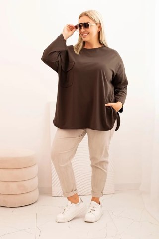 Brązowa Bluzka Plus Size z Bawełną, Kieszenią i Rękawem 3/4 | Stylowy Wieszak