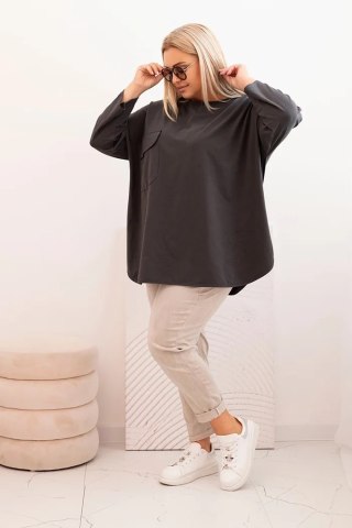 Bluzka damska Plus Size z bawełną z kieszenią i rękawem podwijanym grafitowa