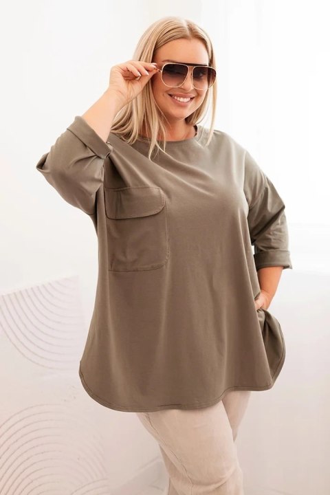 Bluzka damska Plus Size z bawełną z kieszenią i rękawem podwijanym khaki Bluzka damska Plus Size z bawełną z kieszenią i rękawem podwijanym khaki