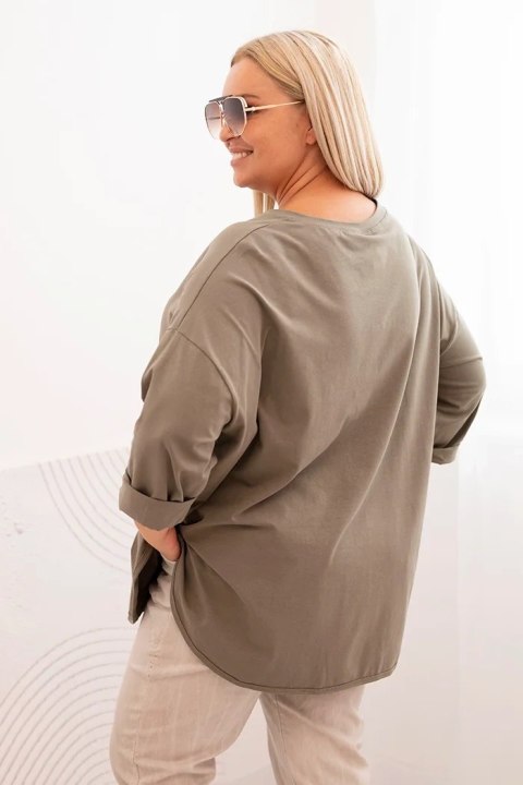 Bluzka damska Plus Size z bawełną z kieszenią i rękawem podwijanym khaki Bluzka damska Plus Size z bawełną z kieszenią i rękawem podwijanym khaki