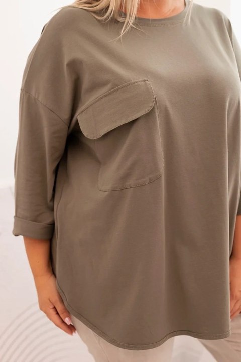 Bluzka damska Plus Size z bawełną z kieszenią i rękawem podwijanym khaki Bluzka damska Plus Size z bawełną z kieszenią i rękawem podwijanym khaki