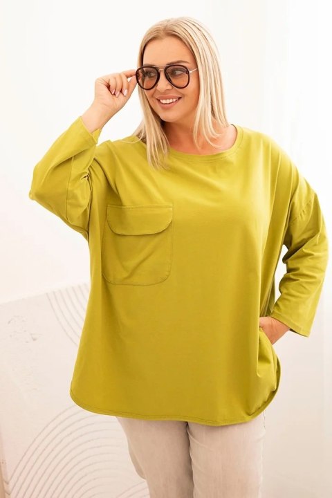 Bluzka damska Plus Size z bawełną z kieszenią i rękawem podwijanym kiwi Bluzka damska Plus Size z bawełną z kieszenią i rękawem podwijanym kiwi
