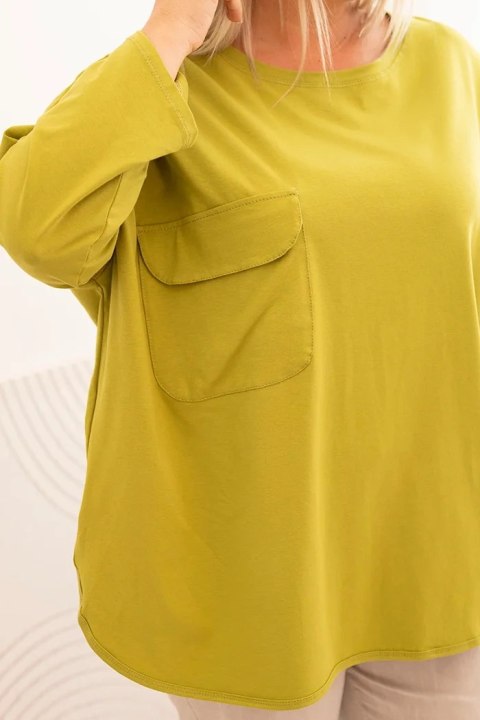 Bluzka damska Plus Size z bawełną z kieszenią i rękawem podwijanym kiwi Bluzka damska Plus Size z bawełną z kieszenią i rękawem podwijanym kiwi