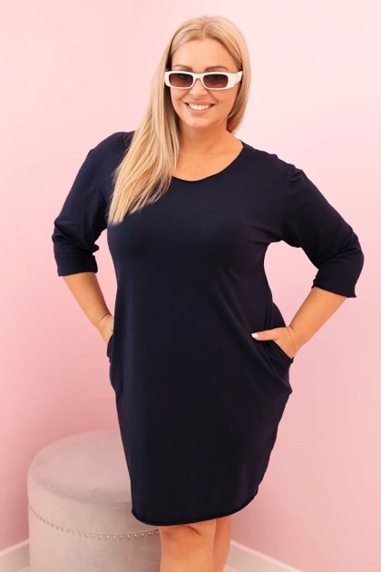 Sukienka Plus Size Granatowa z Bawełną i Rękawem 3/4 | Stylowy Wieszak