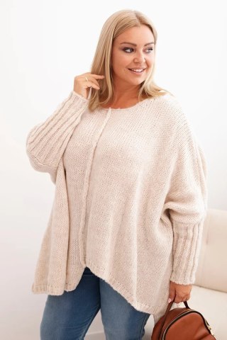 Beżowy Sweter Plus Size – Luźny Fason, Rękaw 3/4, Włoska Dzianina