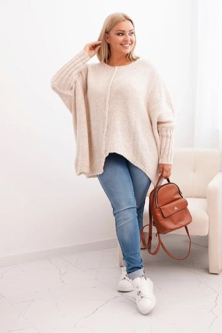 Beżowy Sweter Plus Size – Luźny Fason, Rękaw 3/4, Włoska Dzianina