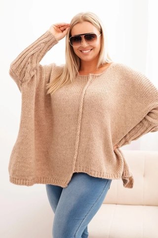 Camelowy Sweter Plus Size – Rękaw 3/4, Oversize, Miękka Dzianina