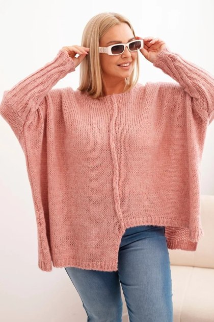Sweter Plus Size Ciemnoróżowy – Oversize, Rękaw 3/4, Dzianina Akrylowa